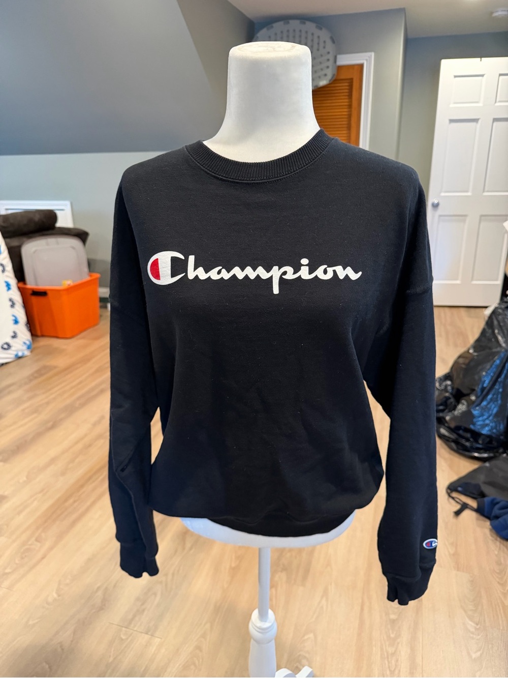 Champion Black Crewneck Sweatshirt with White Logo and Red Accent